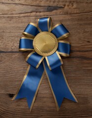 A blue and gold ribbon rosette with a circular gold center.