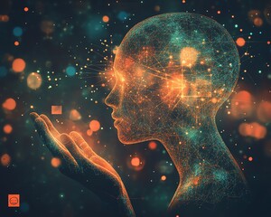 Poster - Artistic representation of social network connections with human silhouettes, hands holding a digital interface highlighting a figure amidst a crowded backdrop