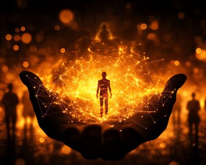 Poster - Artistic representation of social network connections with human silhouettes, hands holding a digital interface highlighting a figure amidst a crowded backdrop