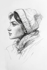 A detailed pencil sketch capturing a softly serene side profile of a woman wearing a cozy beanie and scarf, conveying warmth and introspection in monochrome.