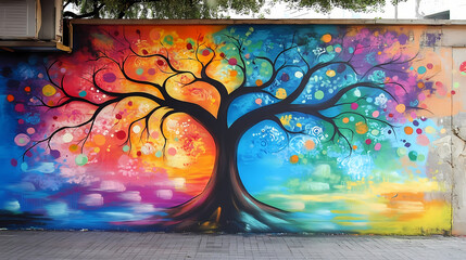 Poster - Vibrant graffiti mural with abstract tree and colorful branches blending nature and technology on urban wall. Graffiti Murals. Illustration