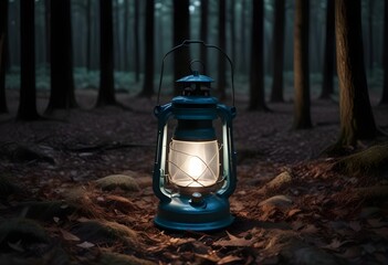 Wall Mural - a large camping lantern, isolated on a dark forest floor, surrounded by faint silhouettes of trees create with ai