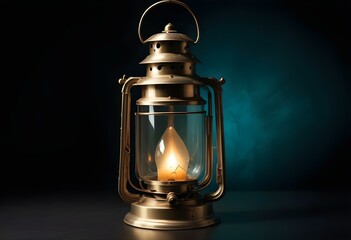 Wall Mural - A single vintage lantern made of brushed brass with a glass panel, isolated on a deep black background, casting a soft warm glow around it create with ai