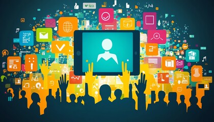 Poster - Dynamic social network connection concept with abstract human figures, hands supporting a digital display showing a silhouette among a crowd of icons