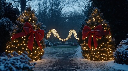 Two decorated Christmas trees with red bows and string lights stand on a snowy path, leading to a garden.