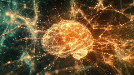 Poster - A vibrant display shows a brain surrounded by glowing neural connections, representing activity and thought processes.
