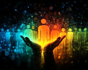 Poster - Innovative abstract design of human icons linked by social networks, hands presenting a digital interface with a people silhouette, surrounded by a diverse crowd