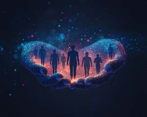Poster - Innovative abstract design of human icons linked by social networks, hands presenting a digital interface with a people silhouette, surrounded by a diverse crowd