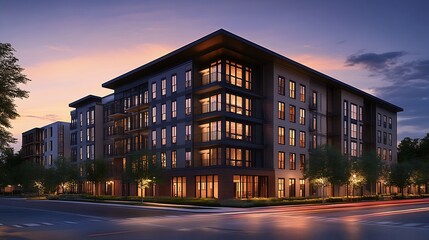 Aufkleber - Modern Apartment Building Exterior at Dusk with Urban Street View : Generative AI