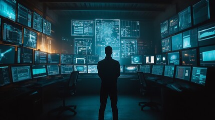 Poster - Technology Expert Stands In High-Tech Command Center With Multiple Screens Displaying Complex Data Systems : Generative AI