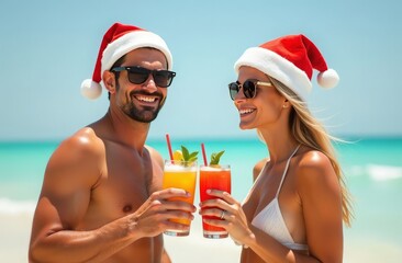 Happy couple wearing santa hats toasting cocktails on a tropical beach during christmas vacation