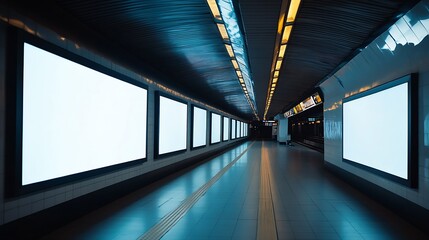 Poster - Modern underground subway station with illuminated advertising panels : Generative AI