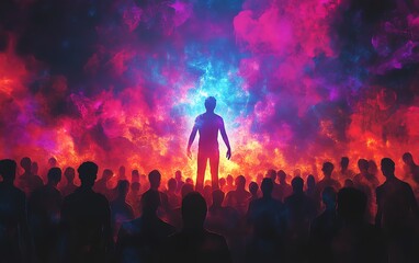 Poster - Visually striking social network connection concept featuring abstract human figures, hands presenting a digital interface with a silhouette in a lively crowd