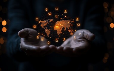 Poster - A businessman holding a social network connection map featuring a world map and icons, set against a dark background, representing a cuttingedge business technology concept