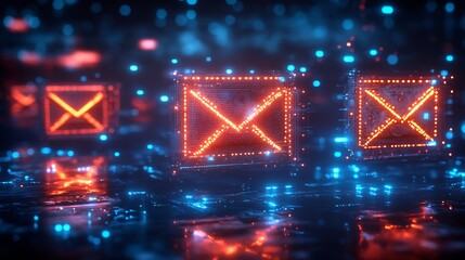 Poster - Futuristic Digital Email Icons in Neon Light on Cybernetic Background : Generative AI