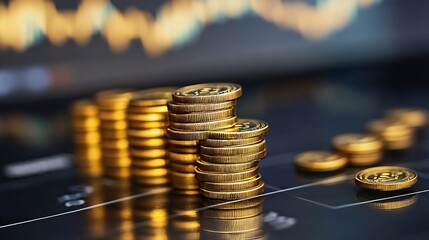Leinwandbilder - Stacks of Golden Coins on a Financial Chart Displaying Growth and Investment Opportunities : Generative AI
