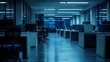© The Little Hut - Dimly Lit Open Plan Office at Night with Empty Desks and Chairs for After Hours Ambience : Generative AI