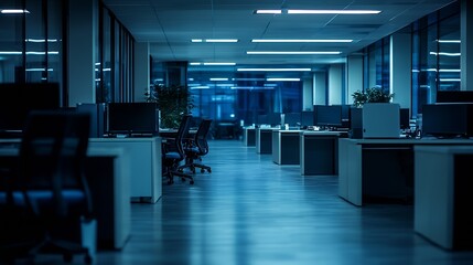 Aufkleber - Dimly Lit Open Plan Office at Night with Empty Desks and Chairs for After Hours Ambience : Generative AI
