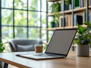 Poster - Minimalist and Modern Home Office Interior with Laptop Coffee and Plant Accents : Generative AI