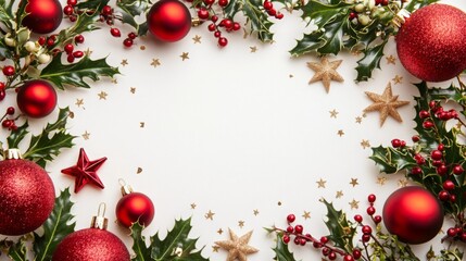 Poster - A flat lay featuring a white background decorated with sprigs of holly, red ornaments, and gold star-shaped confetti.