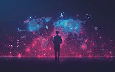 Poster - Dynamic illustration of a businessman displaying a global network map with social media icons, designed on a striking dark background for a techfocused theme