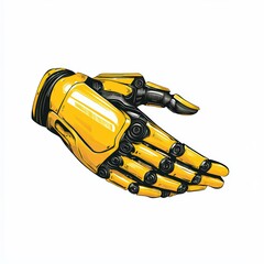 Poster - Yellow robotic hand reaching out, white isolated background.