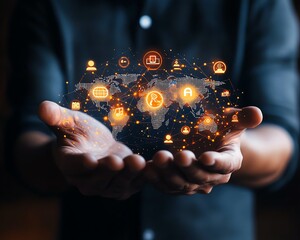 Poster - Engaging image of a businessman holding a world map with social network connection icons, designed on a rich dark background to highlight a business technology concept