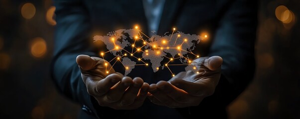 Poster - Engaging image of a businessman holding a world map with social network connection icons, designed on a rich dark background to highlight a business technology concept