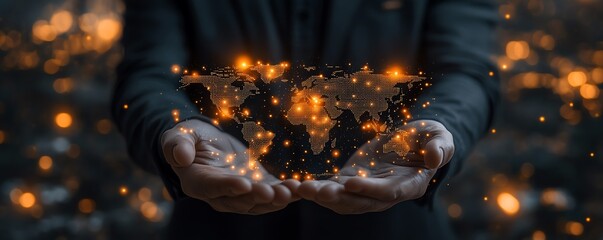 Poster - Engaging image of a businessman holding a world map with social network connection icons, designed on a rich dark background to highlight a business technology concept