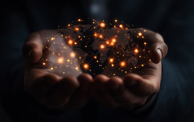 Poster - Engaging image of a businessman holding a world map with social network connection icons, designed on a rich dark background to highlight a business technology concept