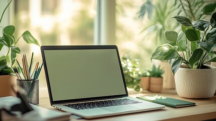 Poster - Modern Work From Home Setup with Laptop and Abundant Natural Light : Generative AI