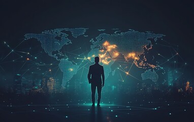 Poster - Innovative illustration of a businessman with a world map showcasing social network connections and icons, set against a captivating dark background for a digital business concept