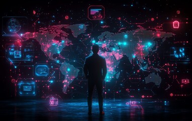Poster - Innovative illustration of a businessman with a world map showcasing social network connections and icons, set against a captivating dark background for a digital business concept