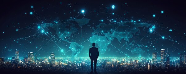 Poster - Innovative illustration of a businessman with a world map showcasing social network connections and icons, set against a captivating dark background for a digital business concept