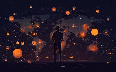 Poster - Innovative illustration of a businessman with a world map showcasing social network connections and icons, set against a captivating dark background for a digital business concept