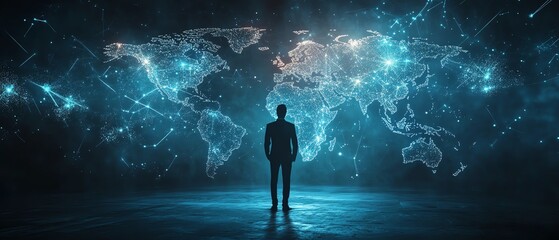 Poster - Innovative illustration of a businessman with a world map showcasing social network connections and icons, set against a captivating dark background for a digital business concept