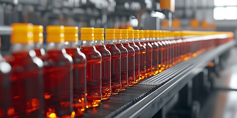 Poster - Automated Beverage Production Line with Orange Drink Bottles : Generative AI