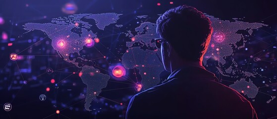 Poster - Innovative illustration of a businessman with a world map showcasing social network connections and icons, set against a captivating dark background for a digital business concept