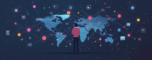 Poster - Innovative illustration of a businessman with a world map showcasing social network connections and icons, set against a captivating dark background for a digital business concept