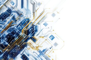 Poster - Abstract technology background with blue and gold circuit patterns, white isolated background.