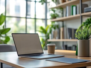 Poster - Chic and Minimalist Home Office with Laptop and Coffee Inviting a Serene Work Atmosphere : Generative AI