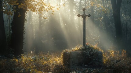 Wall Mural - A weathered stone pedestal with a cross surrounded by misty forest and autumn leaves.