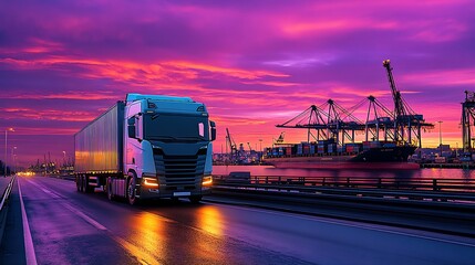 Poster - Industrial Cargo Truck Journey at Sunset Near Port with Scenic Evening Sky : Generative AI