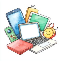 Colorful digital devices, laptop, smartphone, tablet on white isolated background.