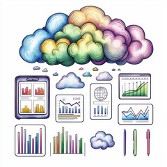 Poster - Colorful cloud with data analytics and charts, illustrating modern technology and data visualization.