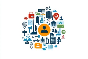 Poster - Colorful icons representing business concepts and networks on a white background.