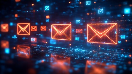 Poster - Neon Email Icons in Futuristic Digital Space with Cyber Elements : Generative AI