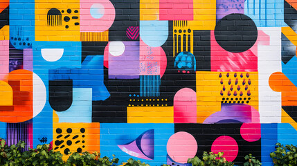 Poster - Vibrant street art mural with colorful graffiti showcasing abstract shapes and designs on a brick wall, representing urban creativity and culture. Graffiti Murals. Illustration