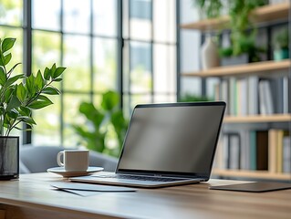 Poster - Bright Home Office Setting with Laptop and Coffee for a Peaceful and Inspiring Workspace : Generative AI