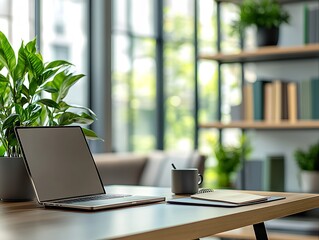 Poster - Modern Home Office Setup with Laptop Greenery and Natural Light for Productivity : Generative AI